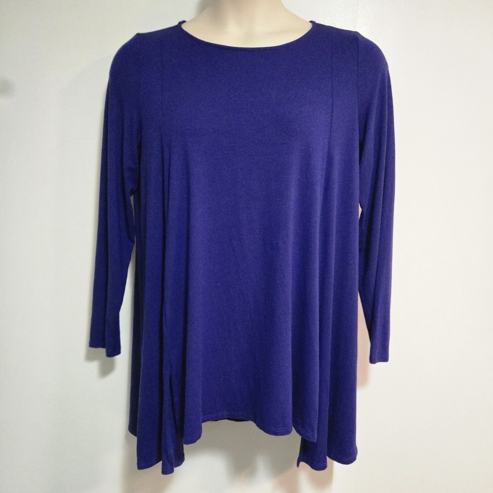 Eileen Fisher Sz L Deep Purple Round Neck‎ LS Stretch Jersey Tunic Side Slit USA